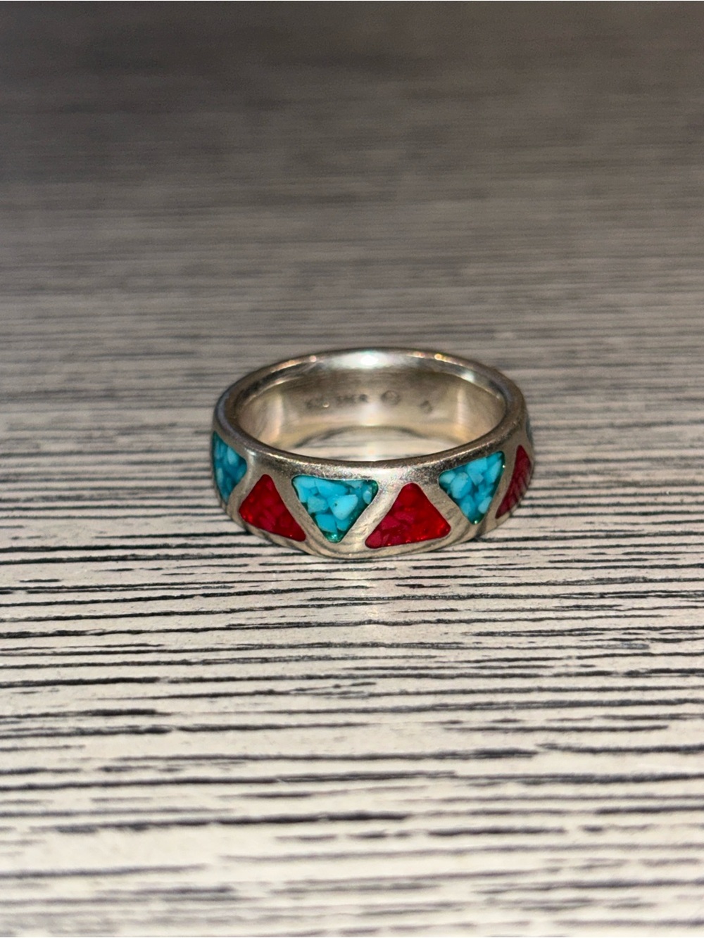 Sterling Silver Turquoise & Red Spiny Oyster Inlay Ring
